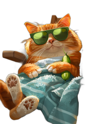 digital art of cute and fat orange cat wearing green sunglasses , the ginger has white paws, lying on top with blue towel holding small ladel in hand, black background, cartoon style, digital painting, pixar, disney , hyper realistic