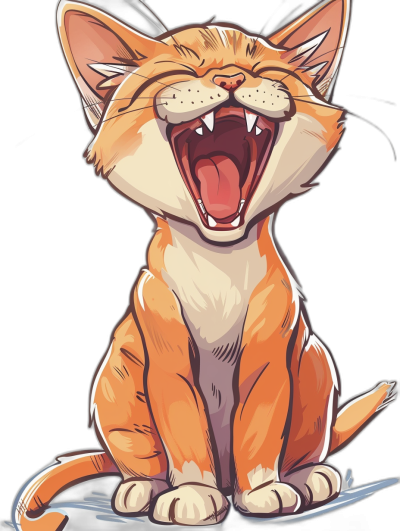 A cartoon illustration of an orange cat laughing in a sticker style, vector art with a white outline on a black background, simple yet cute design with high contrast shading, high resolution and high quality with high detail, in the style of hyper realistic and hyper detailed anime and manga, digital art like those found on artstation with cinematic lighting like professional photography using a macro lens at 35mm f/2.