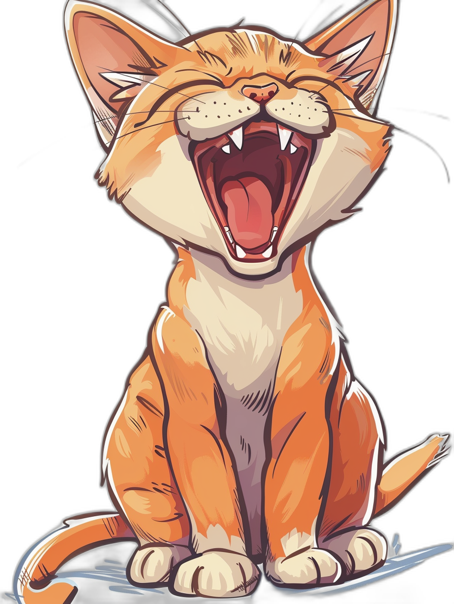 A cartoon illustration of an orange cat laughing in a sticker style, vector art with a white outline on a black background, simple yet cute design with high contrast shading, high resolution and high quality with high detail, in the style of hyper realistic and hyper detailed anime and manga, digital art like those found on artstation with cinematic lighting like professional photography using a macro lens at 35mm f/2.