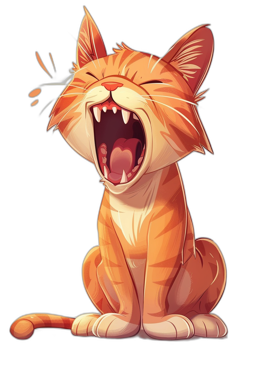 A cute cartoon cat is laughing heartily, with its mouth wide open and eyes closed in pure joyous laughter, with sharp teeth showing. The illustration style should be vector-based with vibrant colors against black background. It must have high resolution details. The artwork should capture the essence of playful energy and happiness through the dynamic pose of the character.