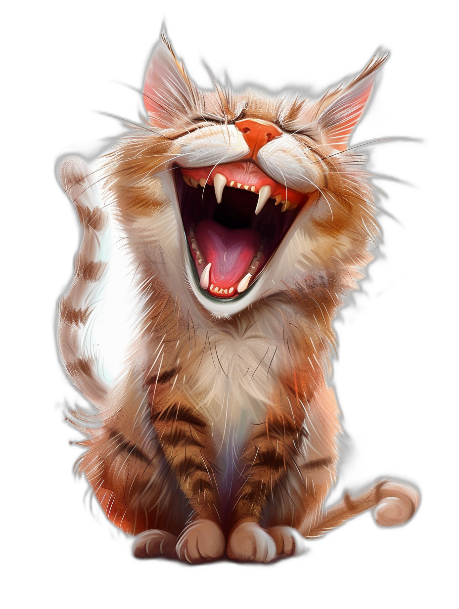 Illustration of a funny cat laughing with teeth, isolated on a black background, in the style of [Artgerm](https://goo.gl/search?artist%20Artgerm) and [Atey Ghailan](https://goo.gl/search?artist%20Atey%20Ghailan).