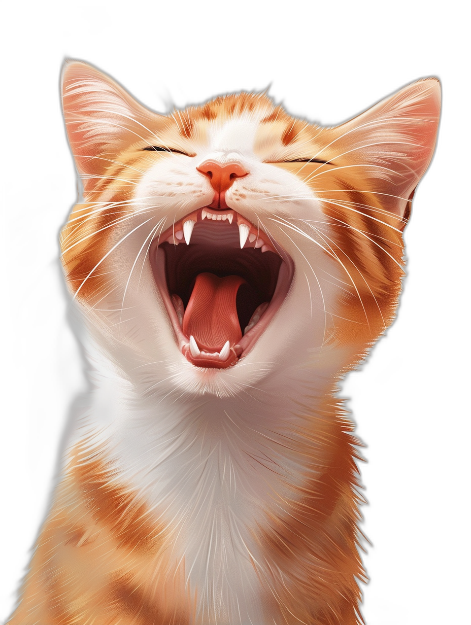 realistic happy cat, smiling and laughing with open mouth and teeth showing, digital art in the style of rossdraws, solid black background, portrait of the cute ginger white shorthair kitten