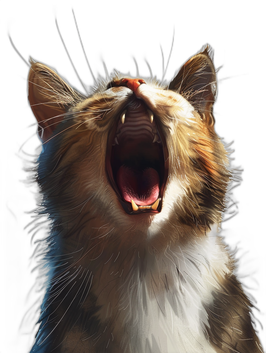 A digital painting of an excited cat meowing on a black background in the hyperrealistic style.