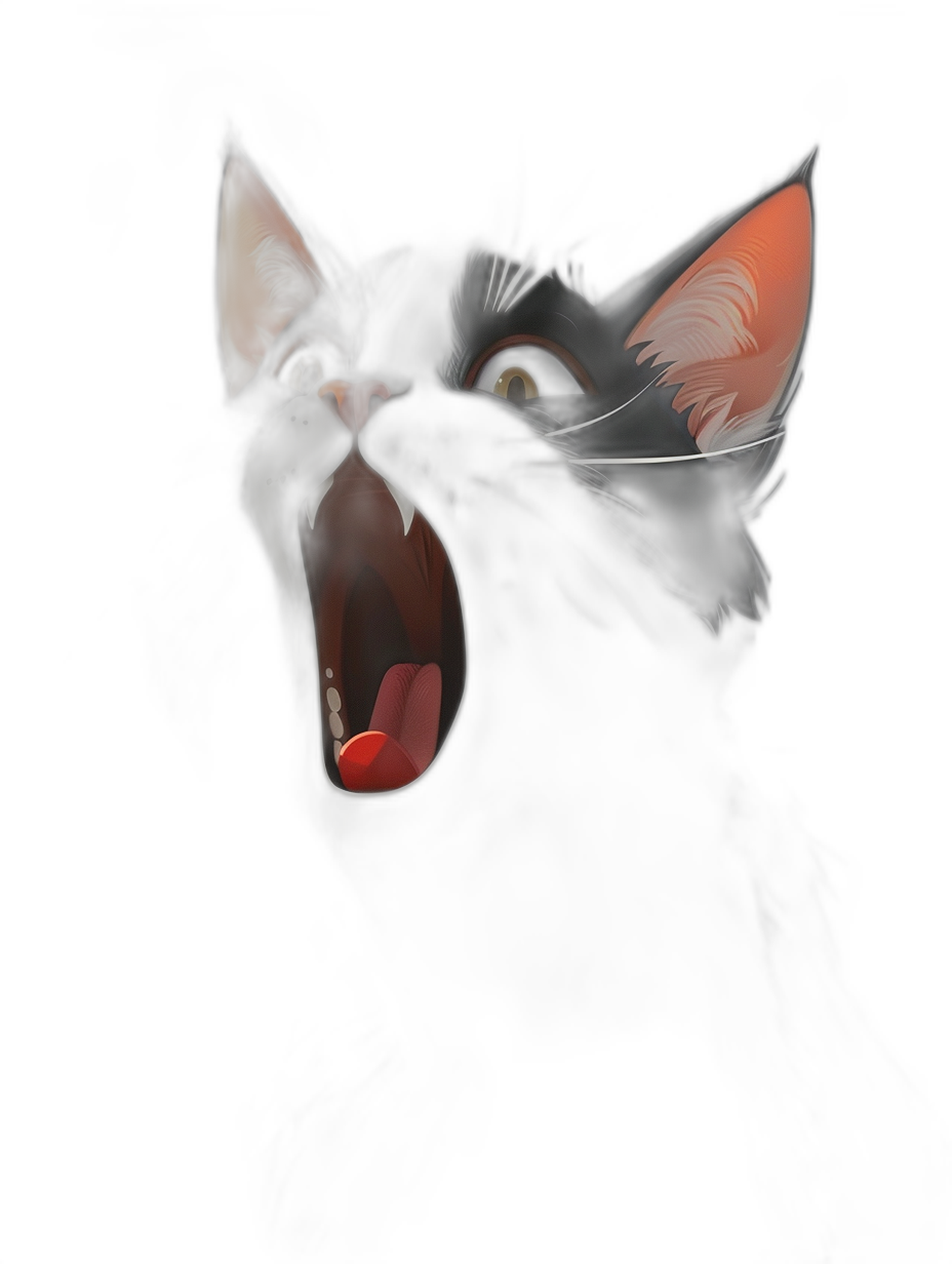 black cat, cartoon style, vector art, happy mouth open wide showing teeth, black background, dark fantasy, digital painting, high contrast, low light, 2d, game design, art station, 3D render, digital art, artstation hd