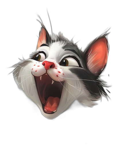 A cute cat head, laughing with its mouth open, with white and grey fur, on a black background, in the style of Disney Pixar cartoon art.