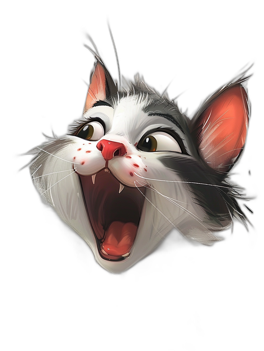 A cute cat head, laughing with its mouth open, with white and grey fur, on a black background, in the style of Disney Pixar cartoon art.