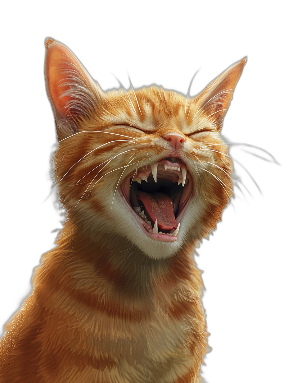 realistic happy ginger cat, open mouth showing teeth, digital art by LDUK & Pixar, isolated on black background, hyper realistic