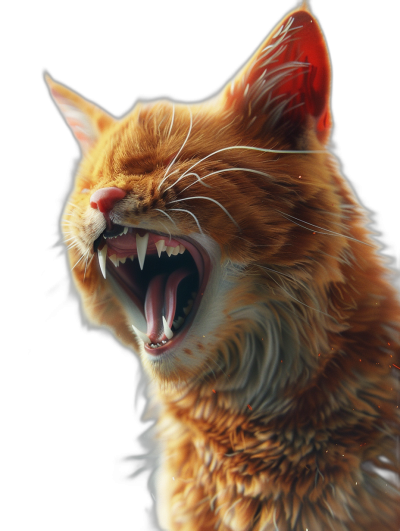 realistic digital concept art of an orange cat laughing and roaring against a black background in a portrait style