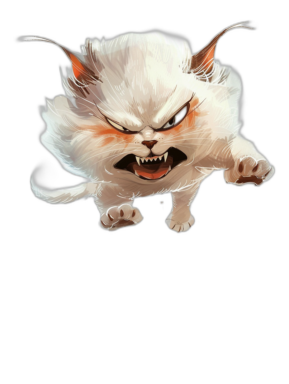 A white cat with fangs and claws jumping towards the viewer with an angry expression on its face against a black background in the style of a cartoon with a fantasy art style as a high quality and high resolution full body shot digital painting in the concept art style of a game character design.