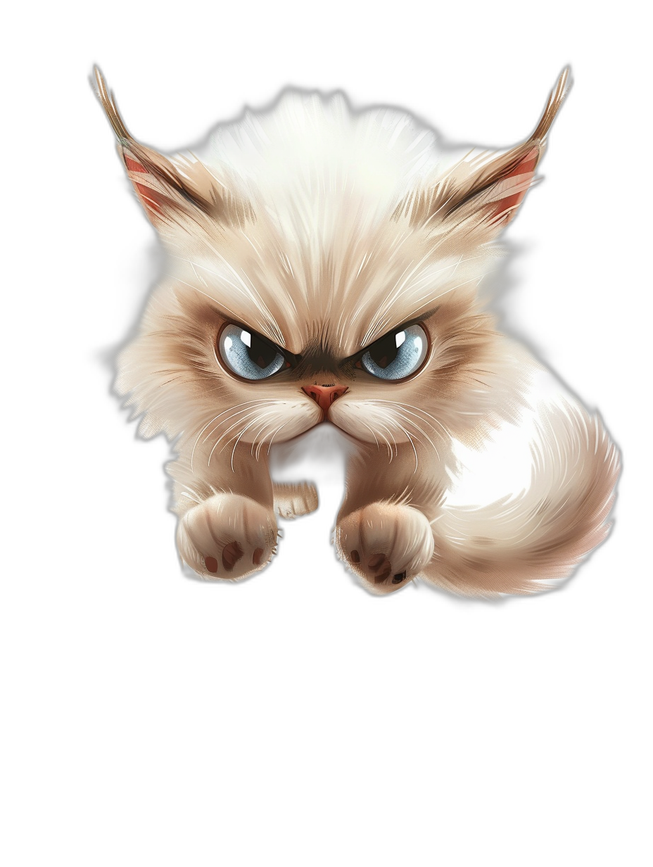 grumpy cute kitten, cartoon style, vector art, black background, white fur with blue eyes, in the air pose, paws out of its body, angry face expression, grunge style, high resolution, high quality, high detail.