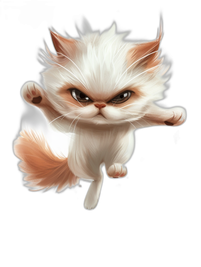 cute cartoonish art style, an angry white and brown persian cat flying in the air, black background, vector illustration, digital painting in the style of Disney Pixar, cute character design.