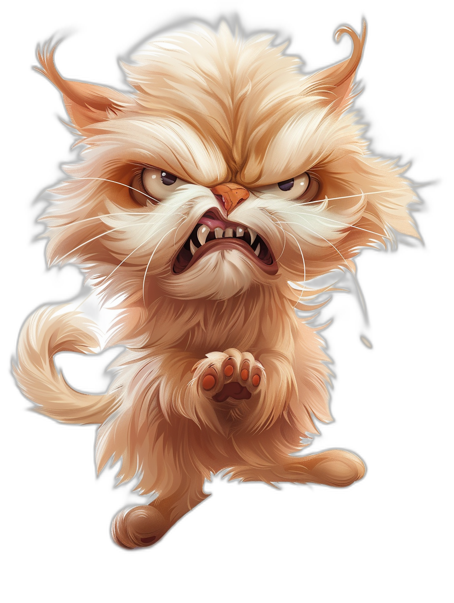 realistic digital illustration of an angry yet cute cat, isolated on a black background, in full body detail, in the style of a cartoon