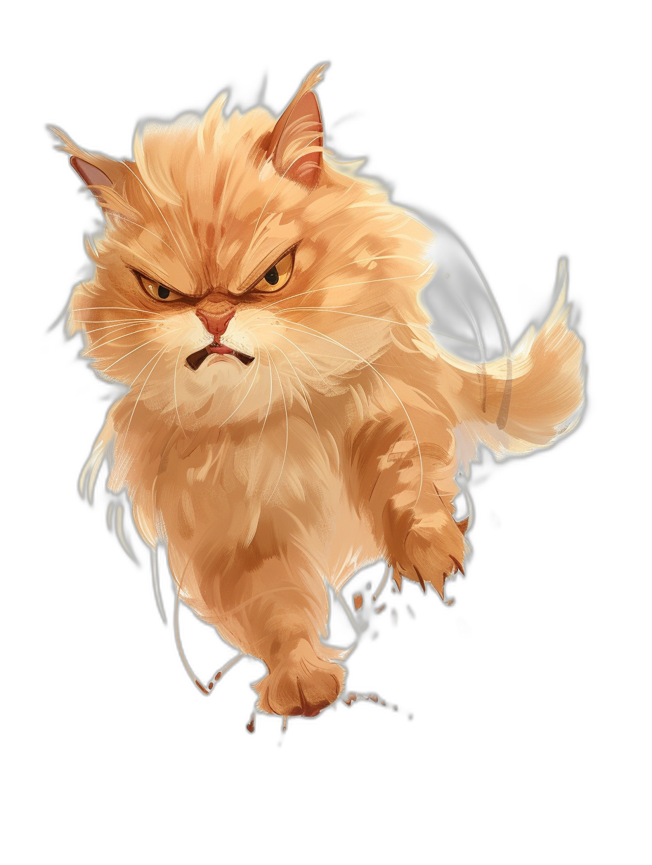 A flying angry Persian cat in the style of anime, black background, vector art, fantasy, dungeons and dragons character design, cartoon