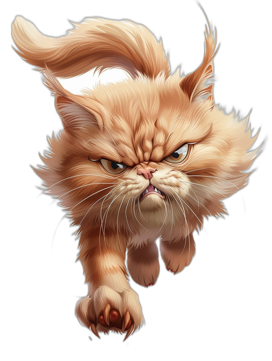 A cartoon illustration of an angry Persian cat jumping against a black background in the vector art style with a full body shot and high contrast colors and detailed fur texture and a cute expression on the cat’s face created with digital painting and drawing techniques in the styles of [Artgerm](https://goo.gl/search?artist%20Artgerm), [Greg Rutkowski](https://goo.gl/search?artist%20Greg%20Rutkowski), and [Alphonse Mucha](https://goo.gl/search?artist%20Alphonse%20Mucha).