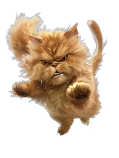 A persian cat in the style of [Ron English](https://goo.gl/search?artist%20Ron%20English), jumping on a black background, digital art in the style of [Greg Rutkowski](https://goo.gl/search?artist%20Greg%20Rutkowski) and Studio Lemanooch, concept art for video game character design, digital airbrush painting, a cute cat with fluffy fur and paws showing, an angry expression, a dynamic pose, detailed fur texture, cartoonish, high resolution.