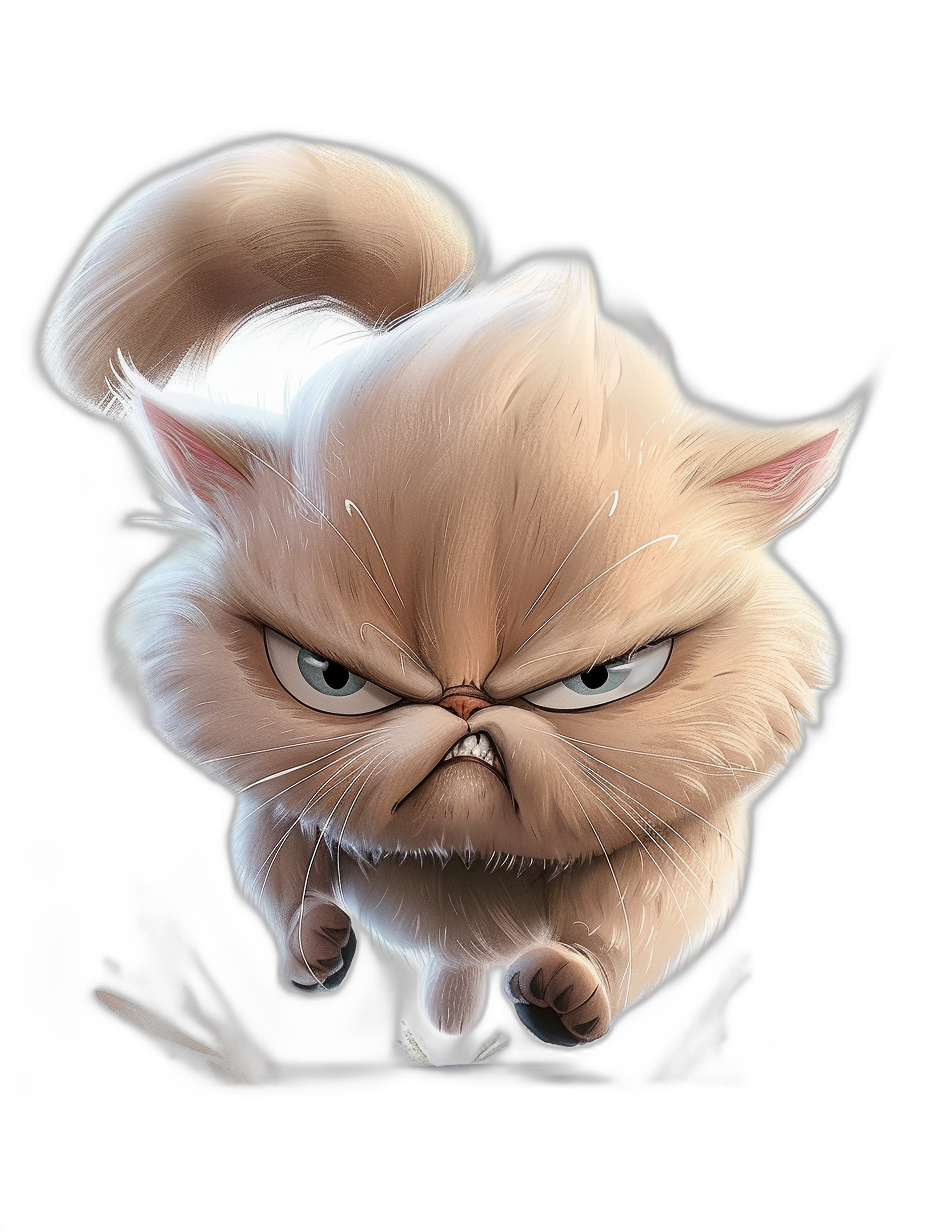 grumpy cartoon cat, isolated on black background, digital art by pixar and disney, 2d game art style, full body, furaffinity, cartoonish caricatures, white hair, cute, grungey fujifilm eterna vivid color , hyper realistic