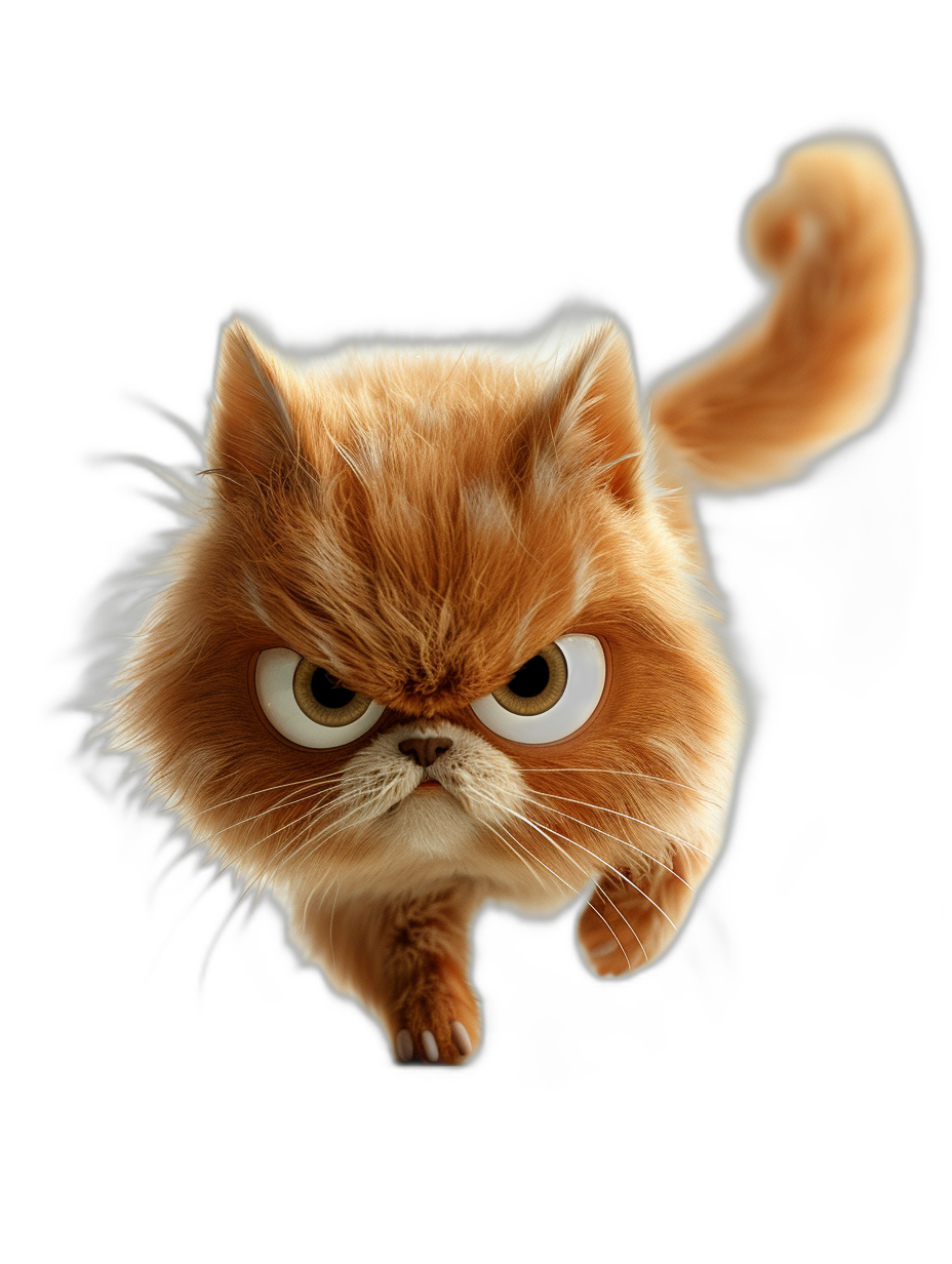 A cute Persian cat with an angry face is running in the air against a black background, in the style of Pixar, with big eyes and a cartoon character design, as a high resolution full body shot 3D rendering with fluffy hair and fur of high quality.