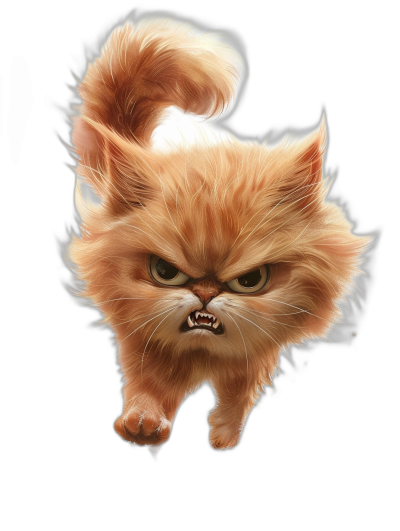 realistic digital illustration of an angry ginger cat jumping, black background, byOil painting, Pixar style, cute and adorable.