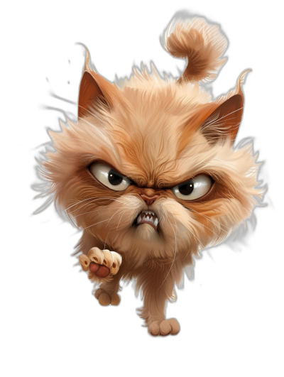 A cartoon of an angry Persian cat running towards the viewer, isolated on a black background, in the style of caricature.