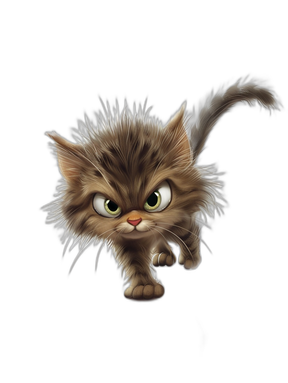 Ferocious cute kitten cartoon character in the style of Pixar, running towards the camera on a black background, full body, funny expression, long fur, big eyes, cute tail with fluffy tips, high detail