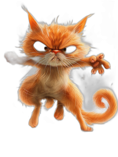 full body cartoon caricature of an orange cat, very angry and dirty with a black background and smoke, in the photorealistic style with exaggerated features, including fangs if that is part of the character's nature, such as for Kung Fu or martial arts themed characters