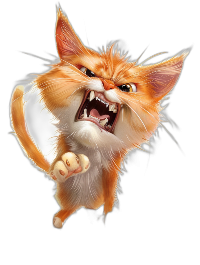 realistic digital illustration of an angry orange cat, jumping in the air and showing its teeth, white fur on chest, black background, full body view, portrait view