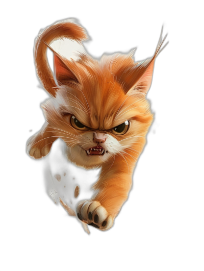 angry ginger cat jumping towards the viewer in the style of cartoon, fantasy art style, black background, concept design sheet