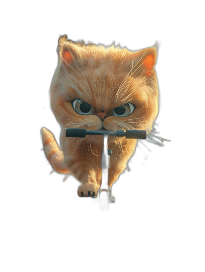 front view of a cute persian cat riding on a scooter, with angry eyes looking at the camera, against a black background, in the style of Pixar, 3D render