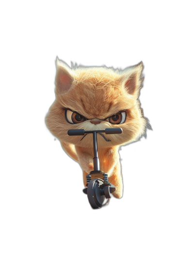 front view of a cute angry cat riding a scooter, isolated on a black background, in a 3D style, in the style of Pixar animation