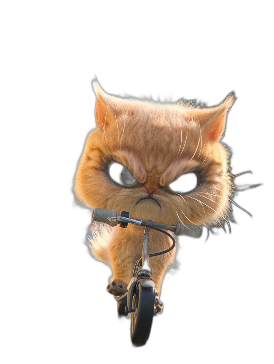 front view of a cute persian cat with big eyes on an e-scooter, with an angry facial expression, isolated against a black background, in the style of a cartoon, rendered in the style of Pixar, with hyper realistic detail