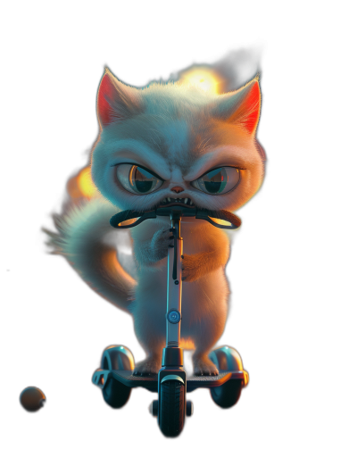 character design of an angry white cat riding a scooter, with glowing eyes, 3D rendered in the style of Pixar, on a black background with rim lighting