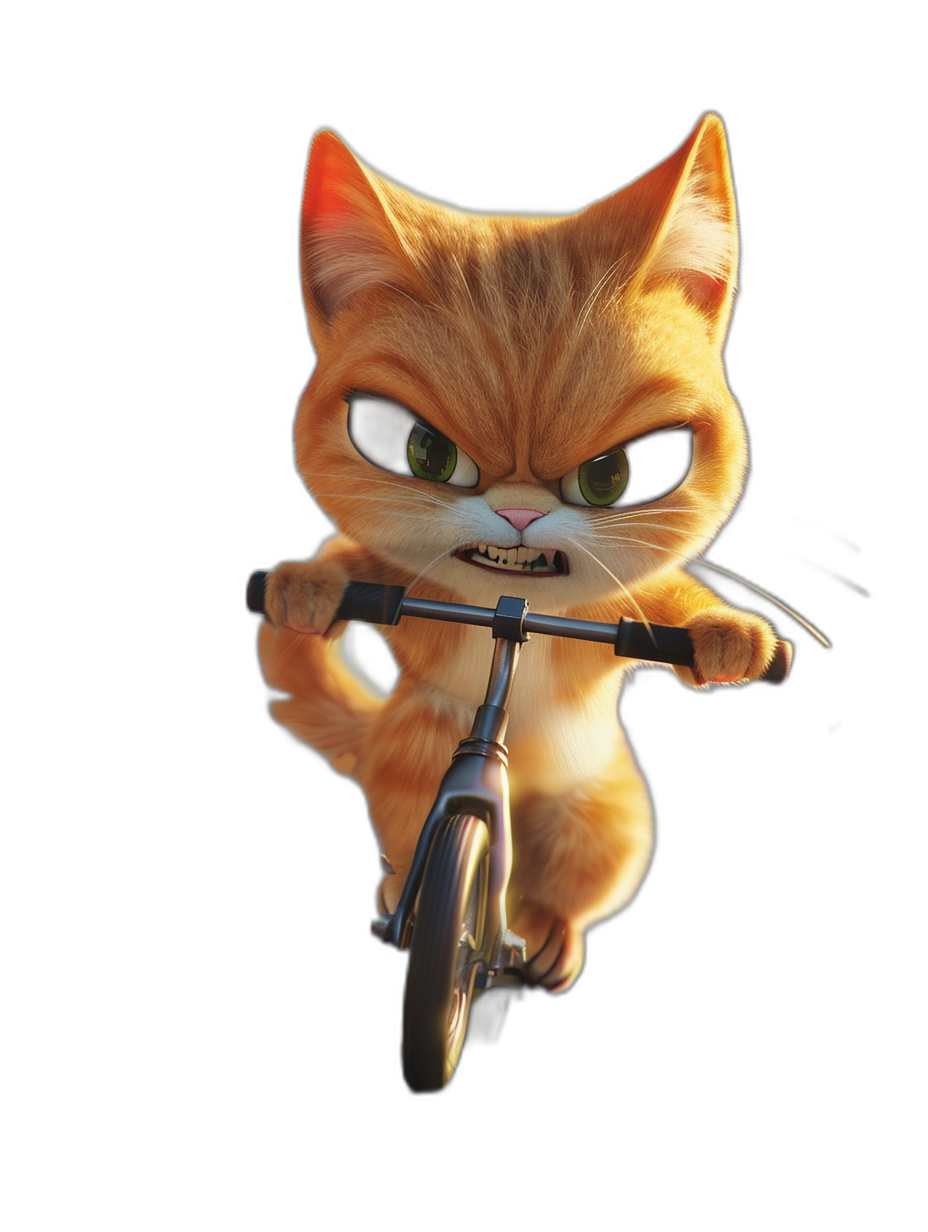 character design of an angry ginger cat riding a scooter in the style of a cartoon, in the style of a Pixar studio, on a black background, 3d render