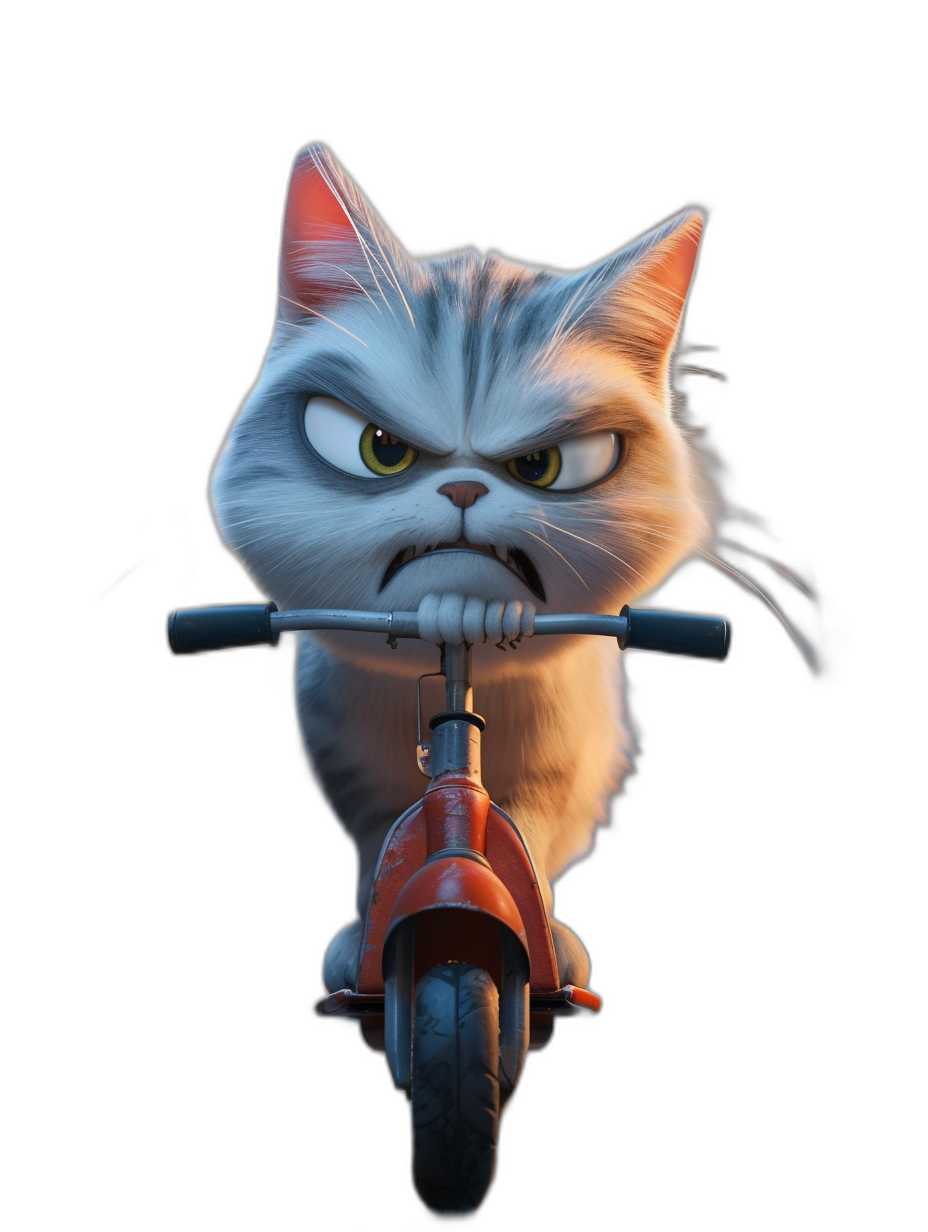 front view of a cute cat on a scooter with an angry face, in the style of Pixar, cartoon character on a black background, high resolution, highly detailed