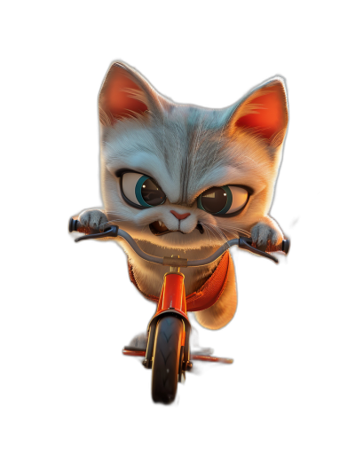 3D epic render of a cute kitten riding a bike on a black background, in the cartoon style with big eyes and a lovely smiling face, full body character design in the style of Pixar Disney.