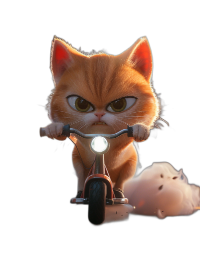 A cute orange cat riding on a bike, front view, big eyes, in the style of cartoon, black background, fluffy white clouds behind it, cinematic lighting, bright light, high quality, octane render, 3D rendering, full body shot. In the style of Pixar animation, Disney character design, 2D art, cute and funny expression.