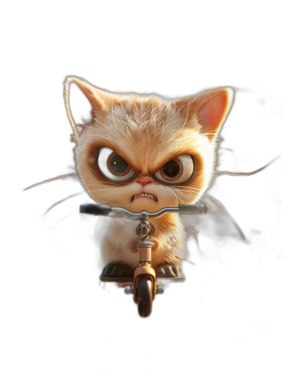 grumpy cat on scooter, angry eyes, cute cartoon style, black background, high resolution, high quality, high detail, detailed photography in the style of octane render, 3d