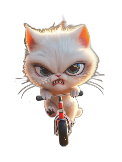 3D epic render of a cute white kitten riding a bike with an angry face on a black background, in the style of Pixar.