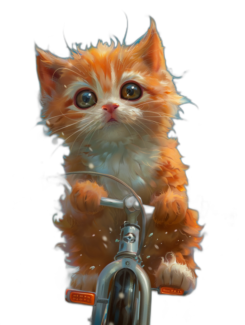 digital art of a cute and fat orange kitten, the tiny small cat is sitting on the bike against a black background, with big eyes, a lovely face, and fluffy fur. The painting is in the style of a digital painting with cinematic light and highly detailed.