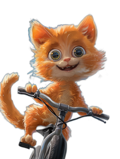 Cute cartoon orange cat riding on a bike, with big eyes and a smiling face, on a black background, in the style of Disney, with Pixar animation style, character design, character concept art, with film lighting, a movie atmosphere, rendered with octane render, at a high resolution, hyper-realistic and hyper-detailed.