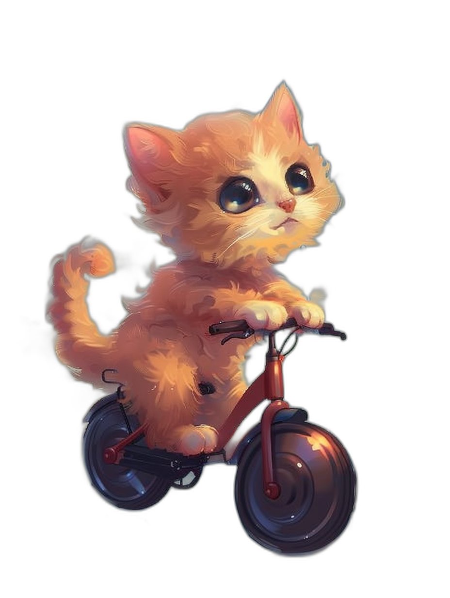 Cute cat riding electric bike in the style of cartoon, black background, high resolution professional photograph, sharp focus on cute kitten and electric bicycle, studio lighting, vibrant colors, intricate details in the fur of the small orange tabby kitty, high dynamic range, portrait lens, digital illustration with anime influence.