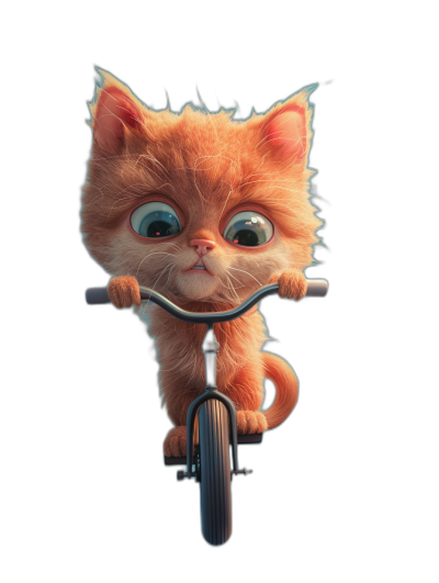 3D render of a cute kitten riding a bicycle in the style of a cartoon, on a black background, with cute eyes, adorable, lovely, in the style of Pixar, with octane rendering, studio lighting, bright colors, highly detailed