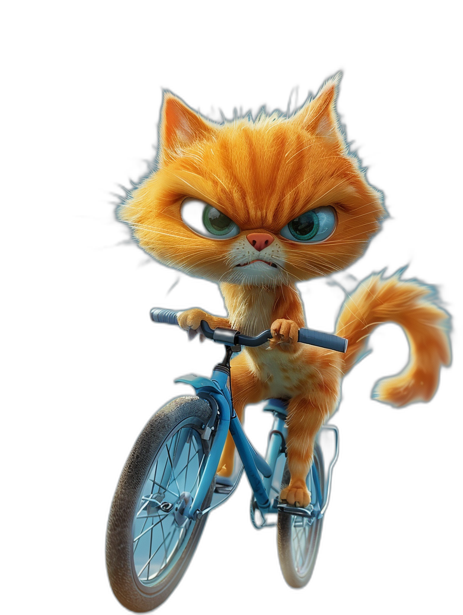 front view, angry orange cat riding blue bicycle in the style of Pixar, black background, hyper realistic details, high resolution