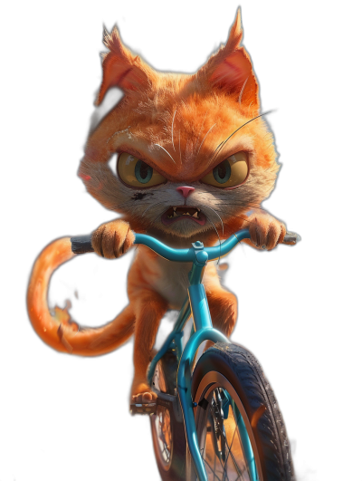 Cute orange cat riding on a blue bicycle with an angry expression against a black background, in the style of Pixar, in the Disney animation style, with 3D rendering, high resolution, a cute cartoon design, detailed fur texture, bright colors, high detail, high quality, high definition.