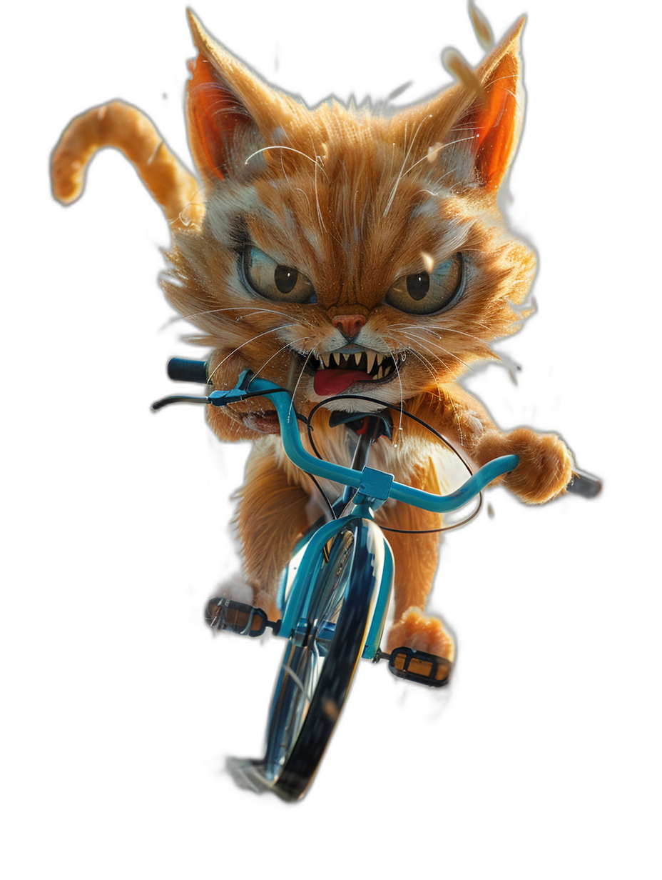 3D render of an angry ginger cat riding on the front wheel of a bicycle, black background, in the style of Pixar, cartoon character concept art.