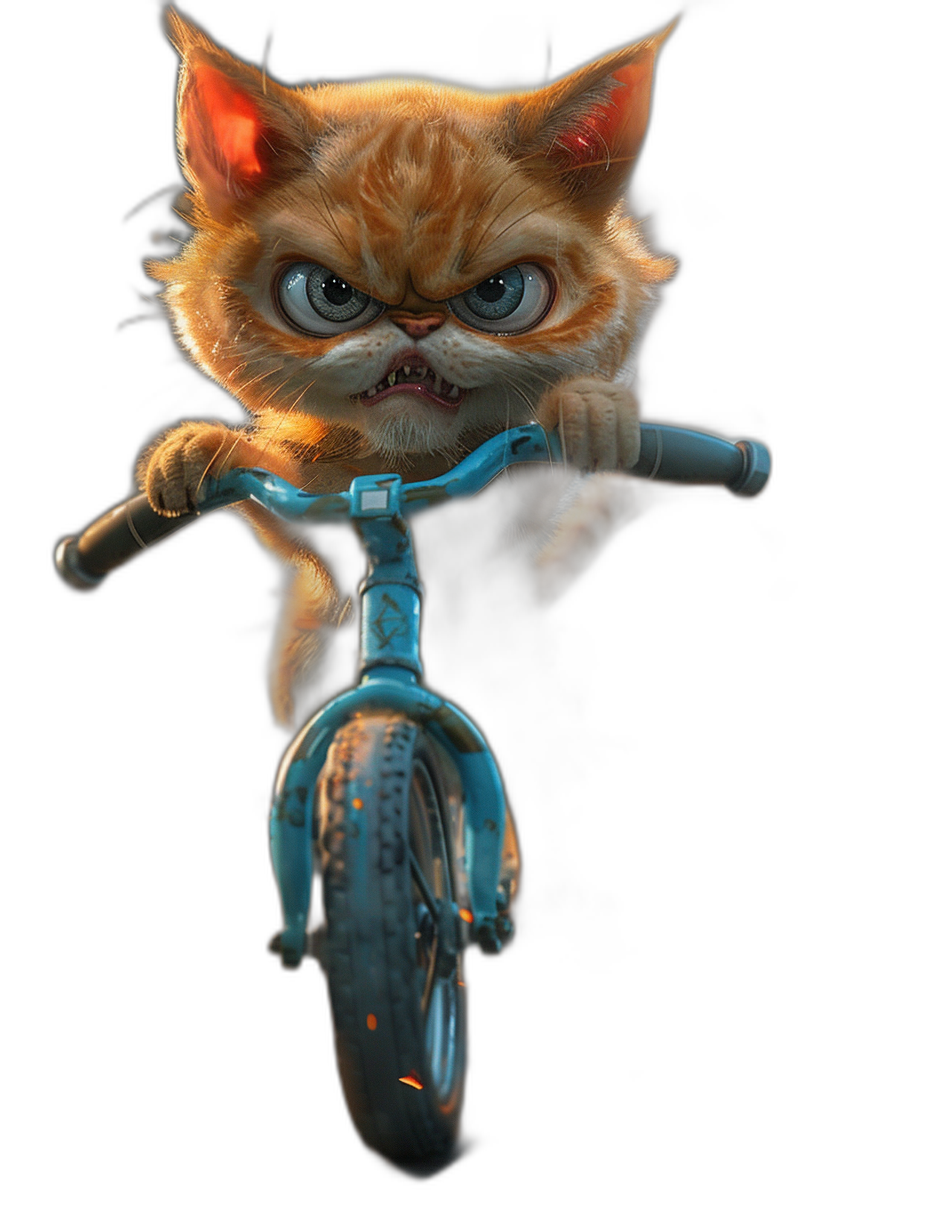 Character design of an angry ginger cat riding on a blue bicycle against a black background, concept art in the style of Pixar, Disney and [Skottie Young](https://goo.gl/search?artist%20Skottie%20Young), with hyper-realistic details in a full body shot.