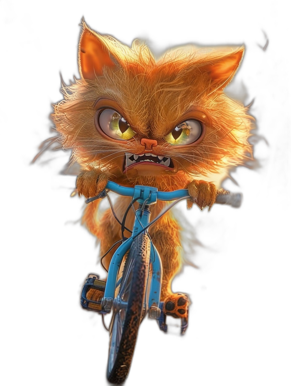 angry cute orange cat with big eyes on blue bicycle against a black background, hyper realistic game item digital painting in the style of Artstation