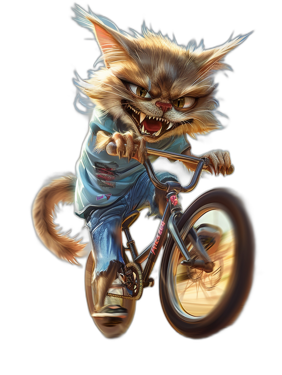 full body cartoon caricature of an crazy cat on bmx, black background, hyper realistic photography