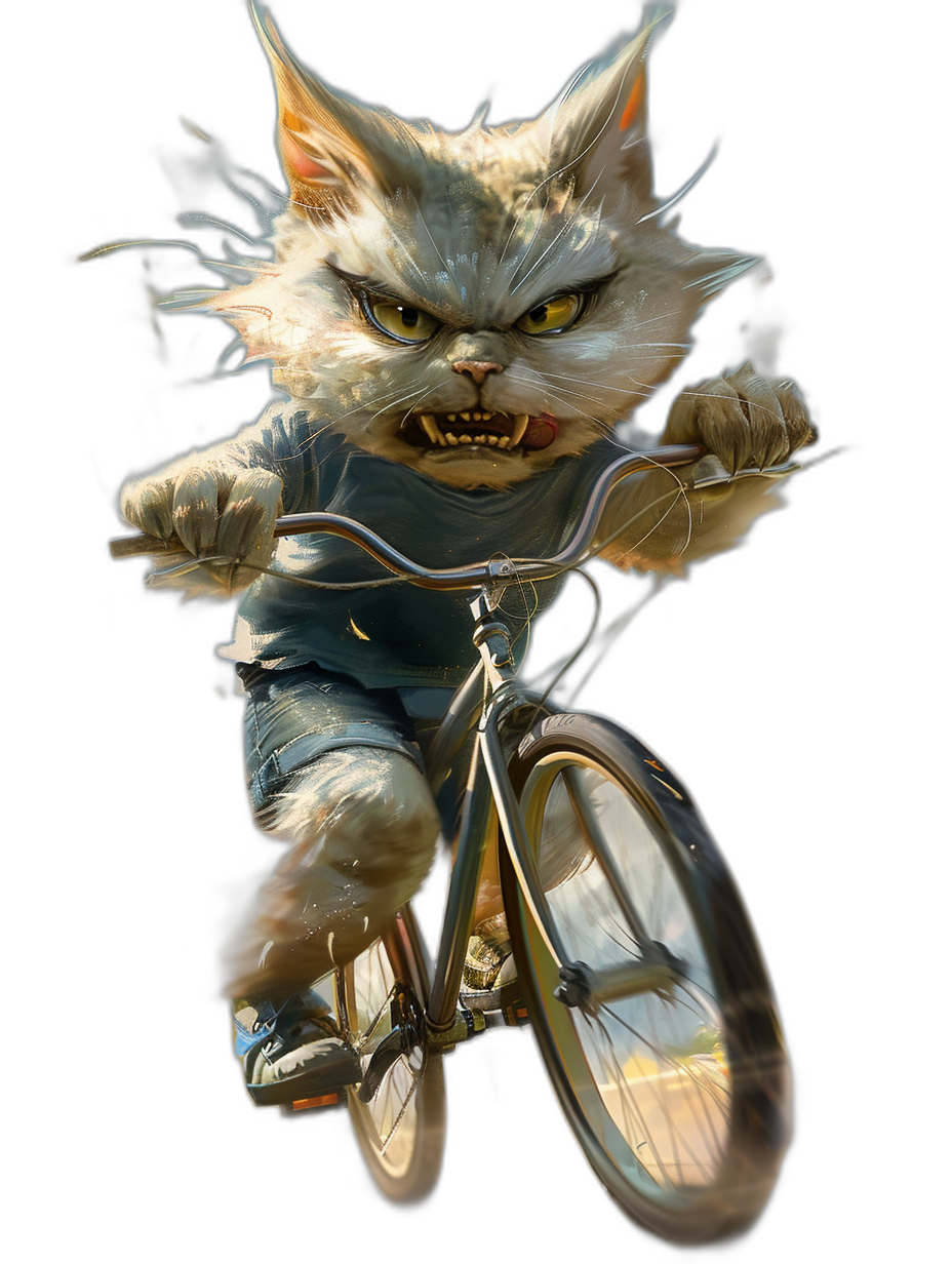 a crazy cat on bicycle, angry face , hyper realistic photo render