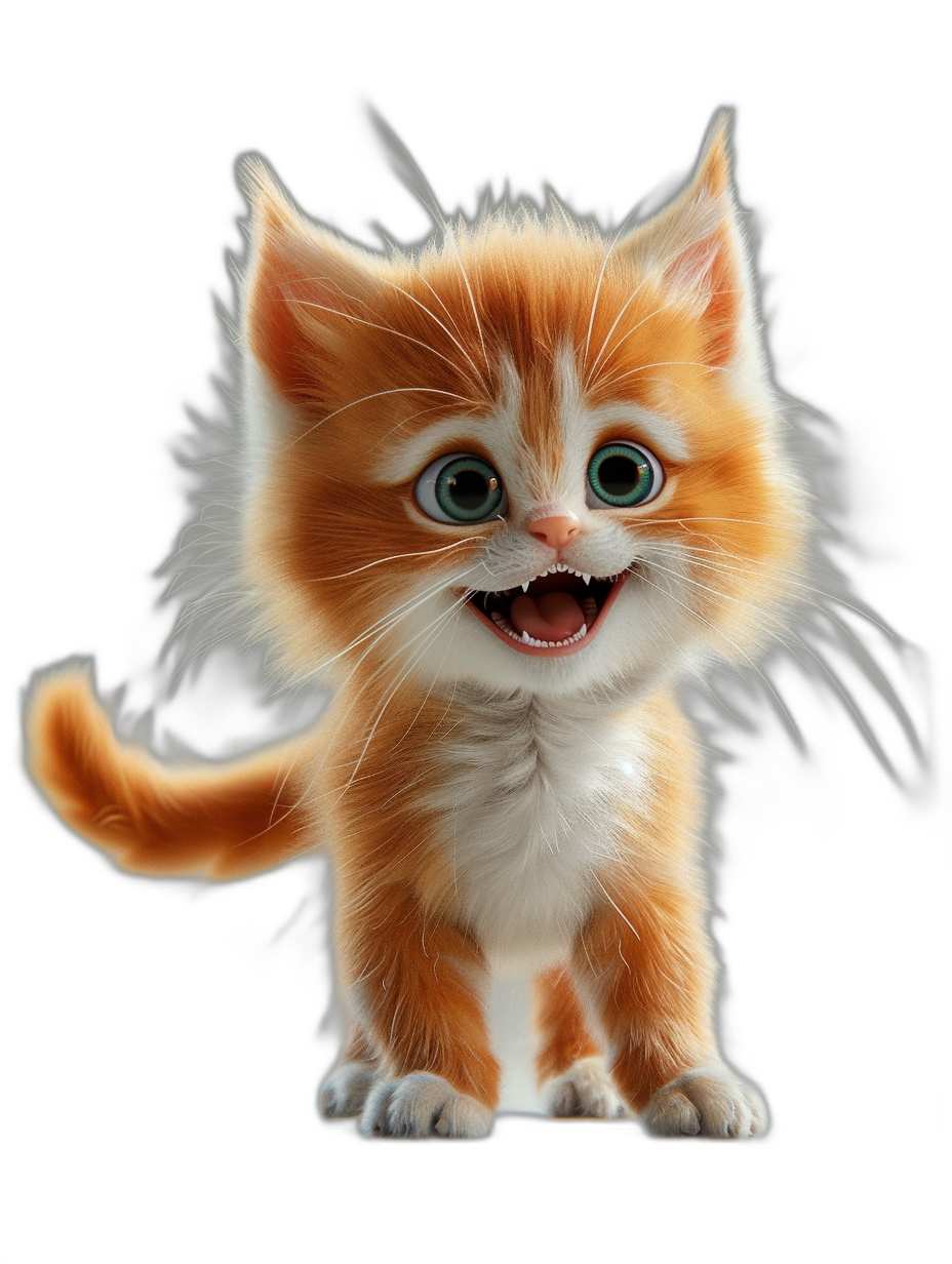 3D render of a happy cute ginger kitten isolated on a black background, in the style of Disney Pixar, cartoon character, high resolution, octane rendering, cinematic light, highly detailed, sharp focus, studio photo, intricate details, dark white and orange colors, hyper realistic.