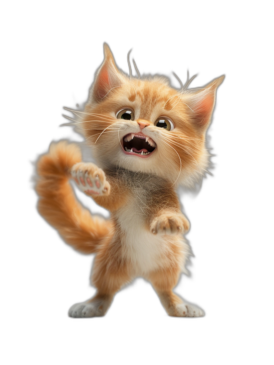 A cute happy smiling orange cat standing on its hind legs with a black background, in the style of Disney as a full grown cartoon character, with white and beige fur, waving a paw and with an open mouth showing teeth, big eyes, 3d render with octane rendering, high resolution photography with high detail, in the style of Pixar studio and art style.